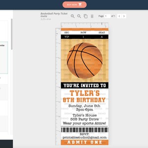 May include: Printable basketball-themed party ticket invitation with an orange basketball graphic, text that reads "You're invited to Tyler's 8th Birthday", and the date and time of the party.