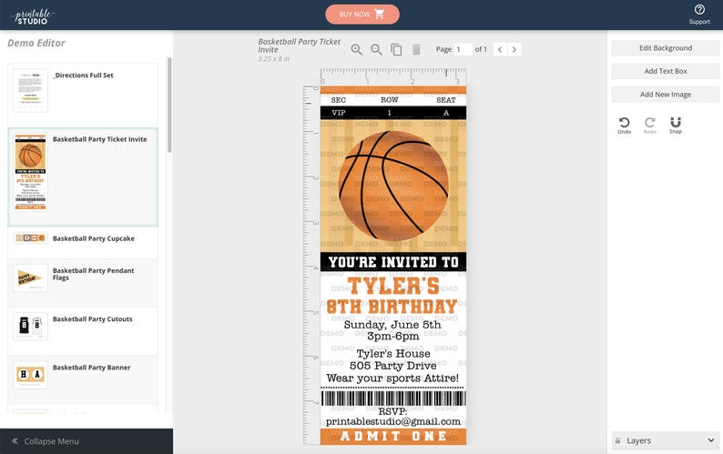 May include: Printable basketball-themed party ticket invitation with an orange basketball graphic, text that reads "You're invited to Tyler's 8th Birthday", and the date and time of the party.