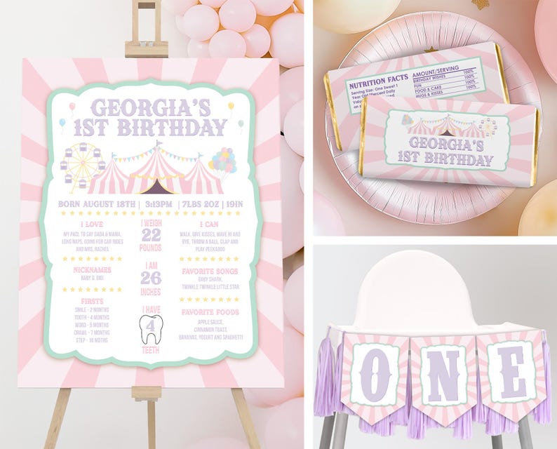 K&ouml;nnte beinhalten: Ein rosa-wei&szlig;es, druckbares Schild f&uuml;r eine erste Geburtstagsparty mit Zirkus-Thema. Das Schild enth&auml;lt den Namen "Georgia's 1st Birthday", ein Zirkuszelt, ein Riesenrad und eine Liste mit Details &uuml;ber das Geburtstagskind, einschlie&szlig;lich Geburtsdatum, Gewicht und Gr&ouml;&szlig;e.