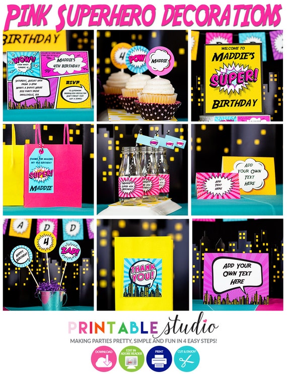 Pink Superhero Party Decorations INSTANT DOWNLOAD Printable Girls Comic Book  Party Decorations by Printable Studio 