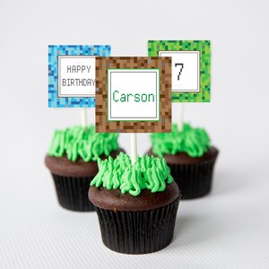 May include: Three cupcakes decorated with green frosting to look like grass. Each cupcake has a Minecraft-themed topper. One topper says "Happy Birthday", another says "Carson", and the last one says "7".