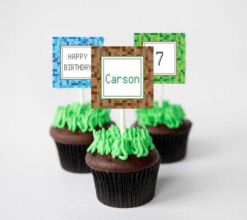 May include: Three cupcakes decorated with green frosting to look like grass. Each cupcake has a Minecraft-themed topper. One topper says "Happy Birthday", another says "Carson", and the last one says "7".