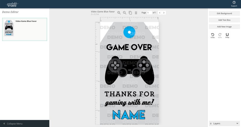 May include: A printable tag with a gray background and a blue circle at the top. The tag features a black and white illustration of a video game controller and the text "GAME OVER", "THANKS FOR gaming with me!" and "NAME".