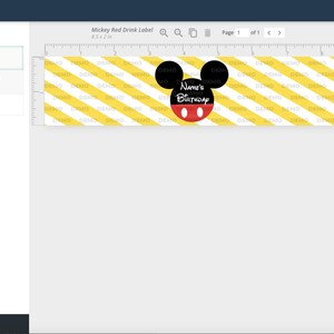 May include: A printable design for a Mickey Mouse themed drink label. The label features a yellow and white striped background with a black Mickey Mouse head and red circle with the text "Name's Birthday".