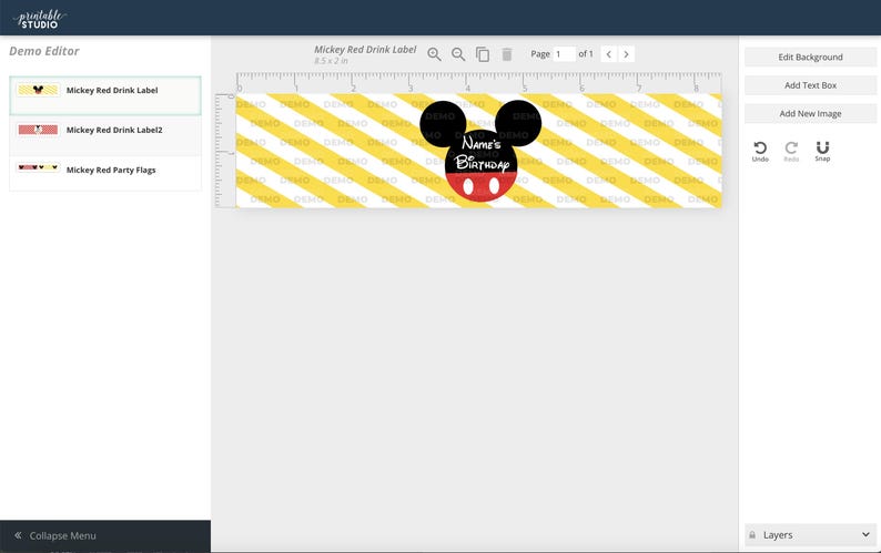 May include: A printable design for a Mickey Mouse themed drink label. The label features a yellow and white striped background with a black Mickey Mouse head and red circle with the text "Name's Birthday".