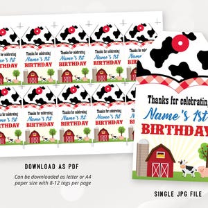 May include: Printable 1st birthday party favour tags featuring a red barn, a cow, and the text "Thanks for celebrating Name's 1st Birthday".