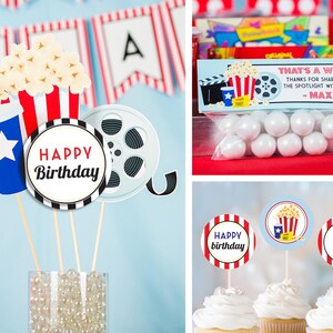 May include: A collection of movie-themed birthday decorations. Includes popcorn, film reel, and drink cutouts. The decorations feature red, white, and blue colors, with the words "Happy Birthday" and "Max".