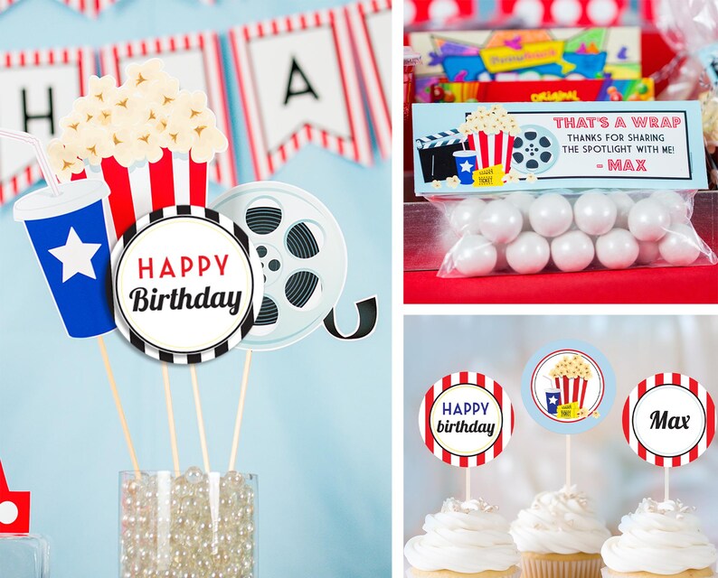 May include: A collection of movie-themed birthday decorations. Includes popcorn, film reel, and drink cutouts. The decorations feature red, white, and blue colors, with the words "Happy Birthday" and "Max".