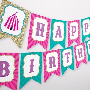 May include: Pink and teal banner with gold glitter accents. The banner says "Happy Birthday" with a tent graphic on the first flag.
