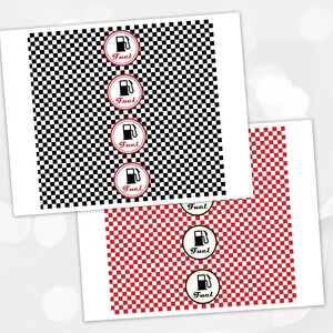 May include: Two printable sheets of checkered patterns. One sheet is black and white with the word "Fuel" in red circles. The other sheet is red and white with the word "Fuel" in black circles.