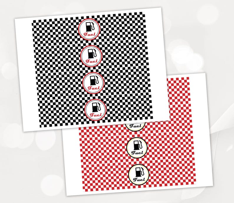 May include: Two printable sheets of checkered patterns. One sheet is black and white with the word "Fuel" in red circles. The other sheet is red and white with the word "Fuel" in black circles.