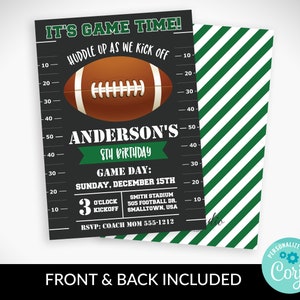 May include: A black and green football-themed birthday invitation with a football graphic and the text "It's Game Time!" and "Anderson's 8th Birthday". The back of the invitation has a green and white striped pattern.
