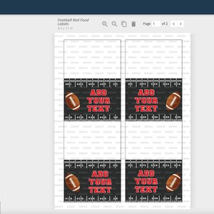 May include: Four printable labels featuring a football design with the text "Add Your Text" in red. The labels are on a black background with white lines.