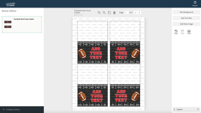 May include: Four printable labels featuring a football design with the text "Add Your Text" in red. The labels are on a black background with white lines.