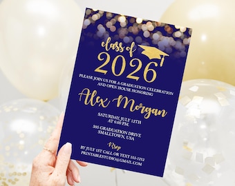 Blauwe en gouden afstudeeruitnodiging, klasse van 2026 uitnodigingssjabloon (direct downloaden)