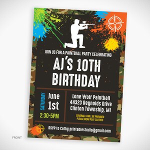 Pu&ograve; includere: Un invito a una festa di paintball con motivo mimetico per celebrare il decimo compleanno di AJ. L'invito include una sagoma di una persona che tiene una pistola a paintball, un bersaglio e schizzi di vernice. L'evento si terr&agrave; presso Lone Wolf Paintball, 44323 Reynolds Drive, Clinton Township, MI il 1 giugno dalle 14:30 alle 17:00. RSVP a Cathy printablestudio@gmail.com.