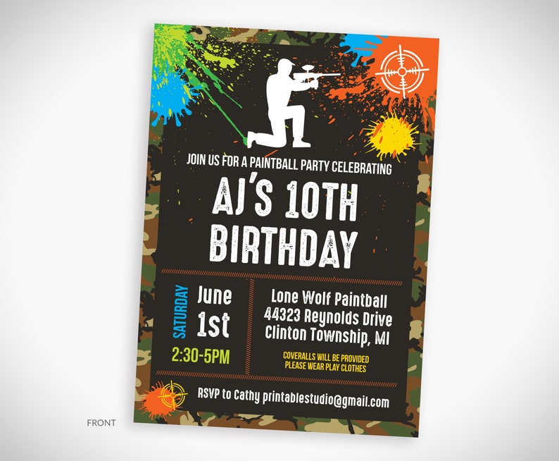 Pu&ograve; includere: Un invito a una festa di paintball con motivo mimetico per celebrare il decimo compleanno di AJ. L'invito include una sagoma di una persona che tiene una pistola a paintball, un bersaglio e schizzi di vernice. L'evento si terr&agrave; presso Lone Wolf Paintball, 44323 Reynolds Drive, Clinton Township, MI il 1 giugno dalle 14:30 alle 17:00. RSVP a Cathy printablestudio@gmail.com.