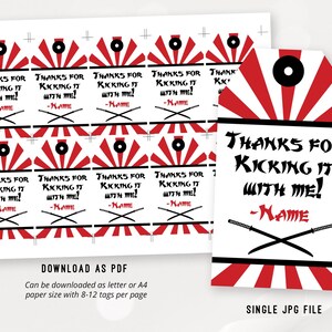 May include: Red and white thank you tags with a black and white illustration of crossed swords and the text "Thanks for kicking it with me! -Name".