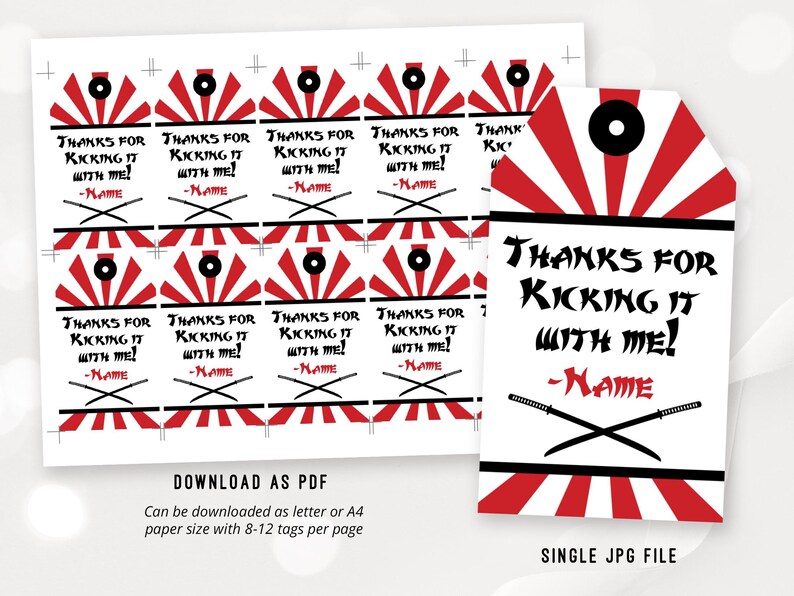 May include: Red and white thank you tags with a black and white illustration of crossed swords and the text "Thanks for kicking it with me! -Name".