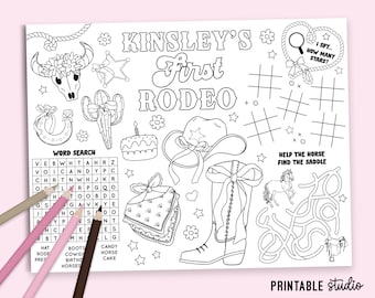 Tovaglietta da colorare "Primo Rodeo da Cowgirl": attività stampabile per feste (PDF e JPG)