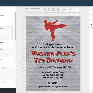 May include: A gray and red ninja-themed birthday invitation with a silhouette of a person in a red karate uniform kicking. The text reads "Calling all Ninja's You're invited to kick up some fun at Master Alex's 7th Birthday Sunday, April 17th from 12-2PM Butoku Karate Dojo 52900 Garfield Rd Macomb Twp, MI RSVP printablestudio@gmail.com"
