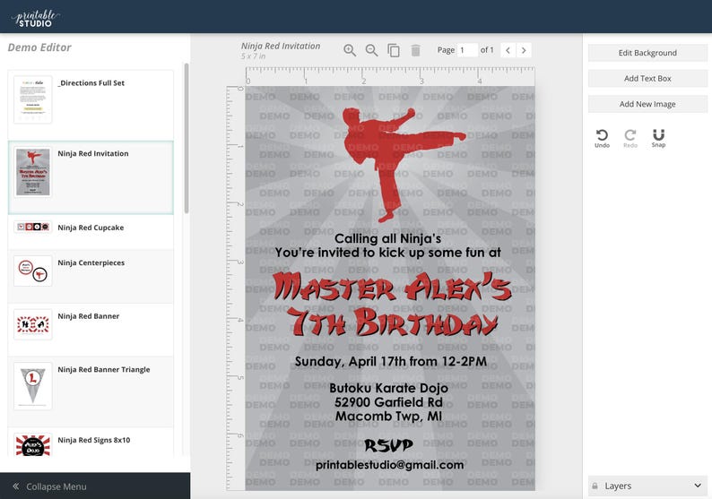 May include: A gray and red ninja-themed birthday invitation with a silhouette of a person in a red karate uniform kicking. The text reads "Calling all Ninja's You're invited to kick up some fun at Master Alex's 7th Birthday Sunday, April 17th from 12-2PM Butoku Karate Dojo 52900 Garfield Rd Macomb Twp, MI RSVP printablestudio@gmail.com"