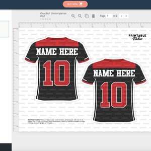 Puede incluir: Plantilla de dise&ntilde;o imprimible para dos camisetas de f&uacute;tbol. Las camisetas son negras con detalles rojos y blancos. El texto "NAME HERE" y el n&uacute;mero "10" est&aacute;n impresos en las camisetas.