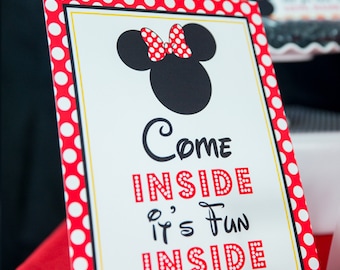 Come Inside it's Fun Inside Sign - Instant Download Minnie Mouse Party Sign - - Printable Red Minnie Mouse Sign by Printable Studio