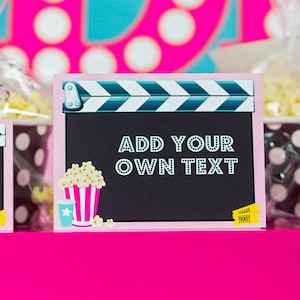 Movie Party Food Labels in Pink, Movie Night Buffet Table Signs, Movie Party Candy Table Labels Instant Download by Printable Studio