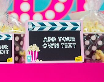 Movie Party Food Labels in Pink, Movie Night Buffet Table Signs, Movie Party Candy Table Labels Instant Download by Printable Studio