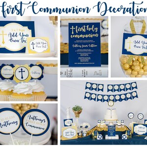 K&ouml;nnte beinhalten: Dekorationen f&uuml;r eine Erstkommunion-Party in Marineblau und Gold. Die Dekorationen umfassen ein Banner, Cupcake-Topper, Schilder und eine Torte. Das Banner lautet "Gott segne Anthony".