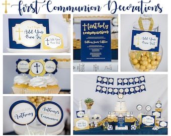 Boys First Communion Decorations Instant Download - Navy Gold First Communion Party by Printable Studio