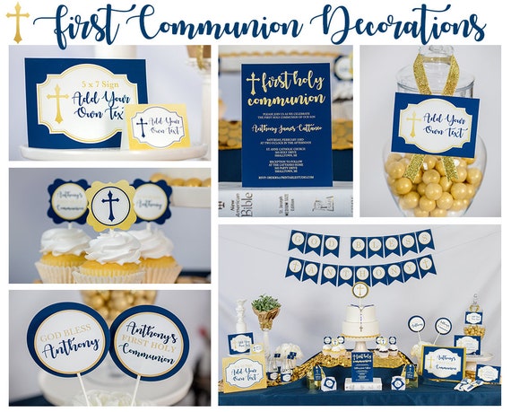 Download istantaneo delle decorazioni per la prima comunione dei ragazzi  Festa per la prima comunione in oro blu navy di Printable Studio -   Italia