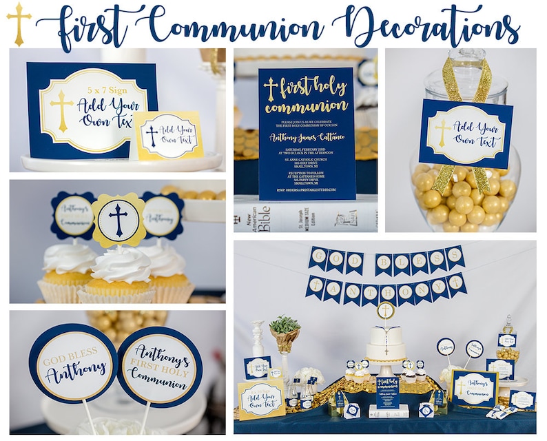 K&ouml;nnte beinhalten: Dekorationen f&uuml;r eine Erstkommunion-Party in Marineblau und Gold. Die Dekorationen umfassen ein Banner, Cupcake-Topper, Schilder und eine Torte. Das Banner lautet "Gott segne Anthony".