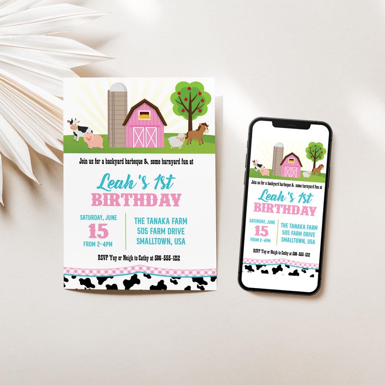 May include: A pink and blue birthday invitation with a farm theme. The invitation features a pink barn, a silo, a cow, a pig, a sheep, and a horse. The text on the invitation reads "Leah's 1st Birthday" and includes the date, time, and location of the party.