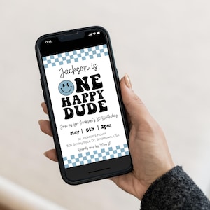 One Happy Dude Birthday Invitation in Blue,  Digital Invite Canva Template 0200 (Digital Download)