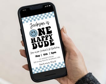 Invito di compleanno "One Happy Dude" in blu, invito digitale modello Canva 0200 (download digitale)