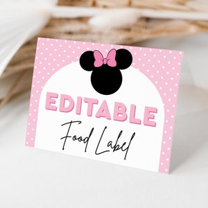 Etichette alimentari modificabili di Minnie, etichette moderne per feste di Minnie, moderne carte a tenda di Minnie, carte buffet di Minnie