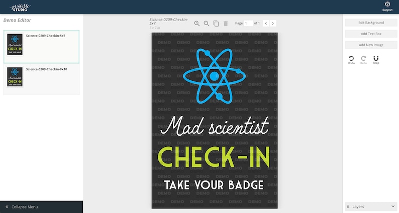 May include: A black and white sign with a blue atom symbol and the text "Mad scientist CHECK-IN TAKE YOUR BADGE".