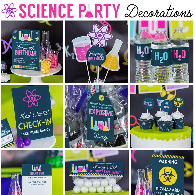 Pu&ograve; includere: Decorazioni per feste a tema scientifico. Include cartelli, decorazioni per cupcake, bottiglie d'acqua ed etichette regalo con illustrazioni di attrezzature da laboratorio e testo come "Science Party" e "Lucy's 4th Birthday".