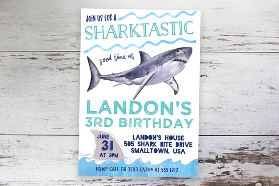 Shark Invitation - Printable Shark Birthday Party Invitation - Shark Party Invitation - Watercolor Shark Invitation Il_570xn