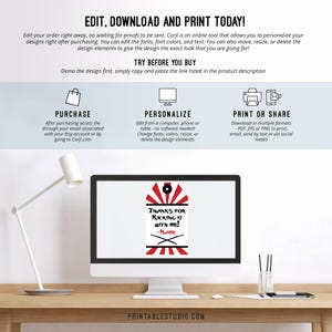 May include: A digital design for a printable thank you tag with a red and white Japanese sun design. The text reads "Thanks for kicking it with me!" with a space for a name.