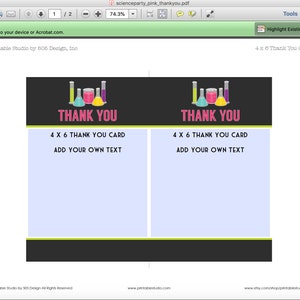 Science Party Thank You Card in Pink Printable Science Thank - Etsy