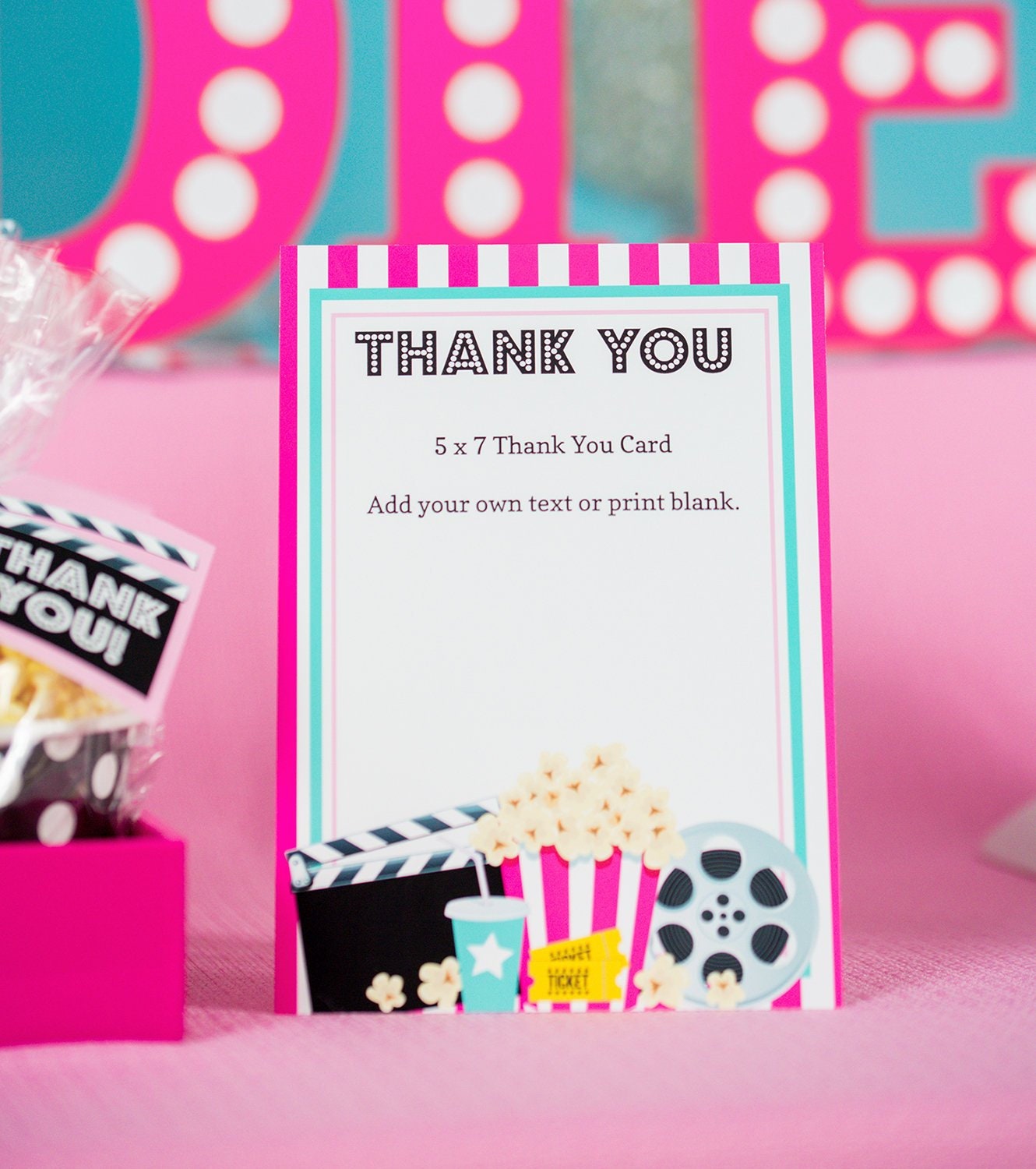 Movie Party Thank You Card in Pink Printable Movie Night | Etsy