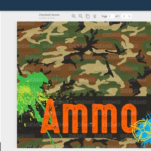 May include: A digital design featuring a camouflage pattern with green, brown, and black colors. The word "Ammo" is written in large orange letters with a black outline. There are green, yellow, and blue paint splatters around the word.