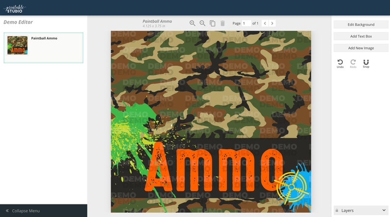 May include: A digital design featuring a camouflage pattern with green, brown, and black colors. The word "Ammo" is written in large orange letters with a black outline. There are green, yellow, and blue paint splatters around the word.