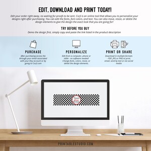 May include: A computer screen displaying a printable banner design for a first birthday party. The banner features a black and white checkered pattern with a red circle in the center that says "Name's First Birthday". The text "Edit. Download and Print Today!" is at the top of the screen. The text "Try Before You Buy" is below the banner design. The text "PrintableStudio.com" is at the bottom of the screen.