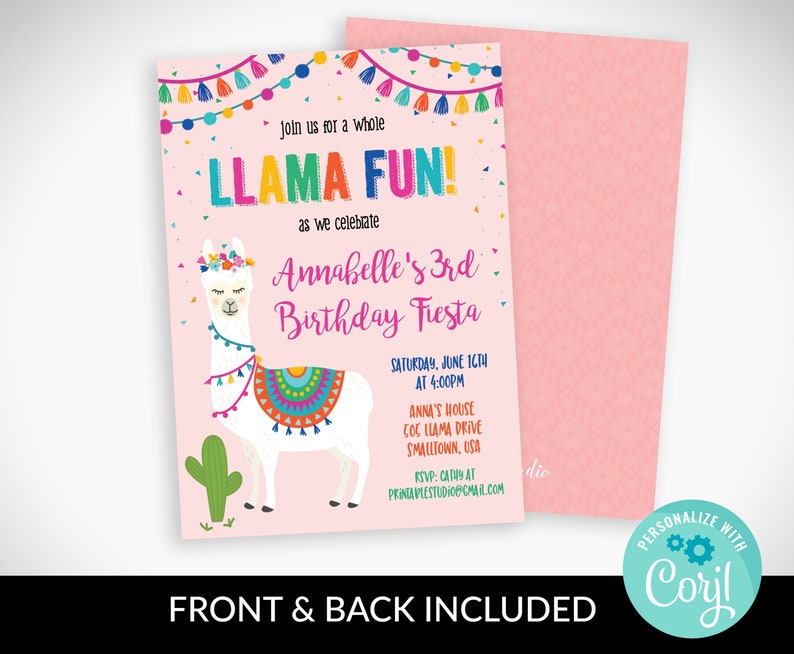 Llama Invitation in Coral Printable Llama Birthday - Etsy