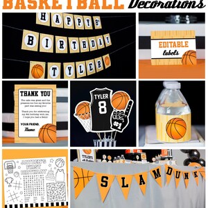 May include: Basketball-themed party decorations with orange and black colors. The decorations include a banner that says "Happy 8th Birthday Tyler", a thank you card, a basketball jersey, a basketball hoop, a water bottle label, a printable activity sheet, and a banner that says "Slam Dunk".