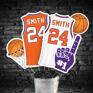 Centros de mesa de baloncesto editables en naranja y morado (descarga digital)